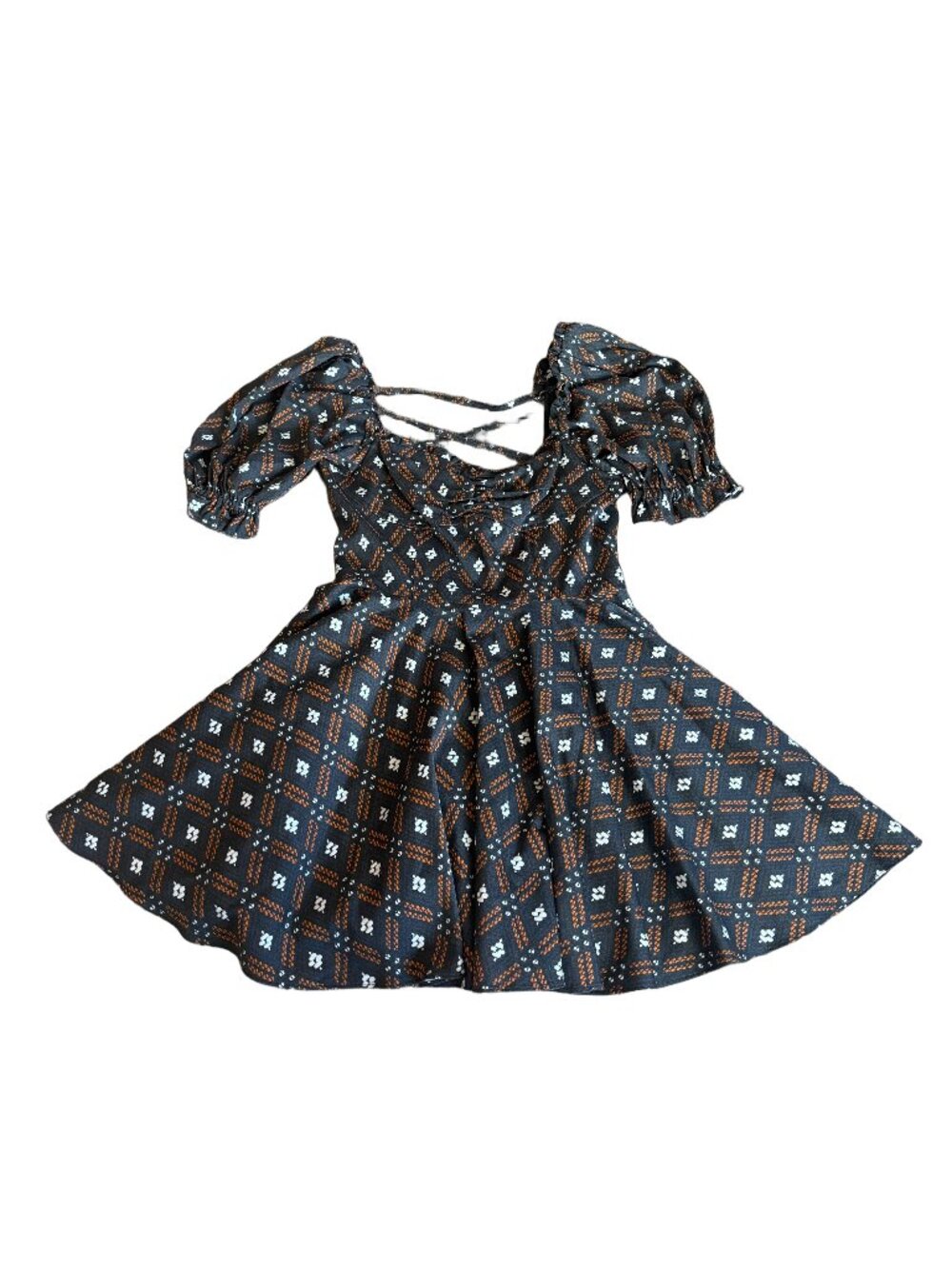 Autumn Adeigbo Black Rust Geometric Print Puff Sleeve Fit Dress Size 12 Women's